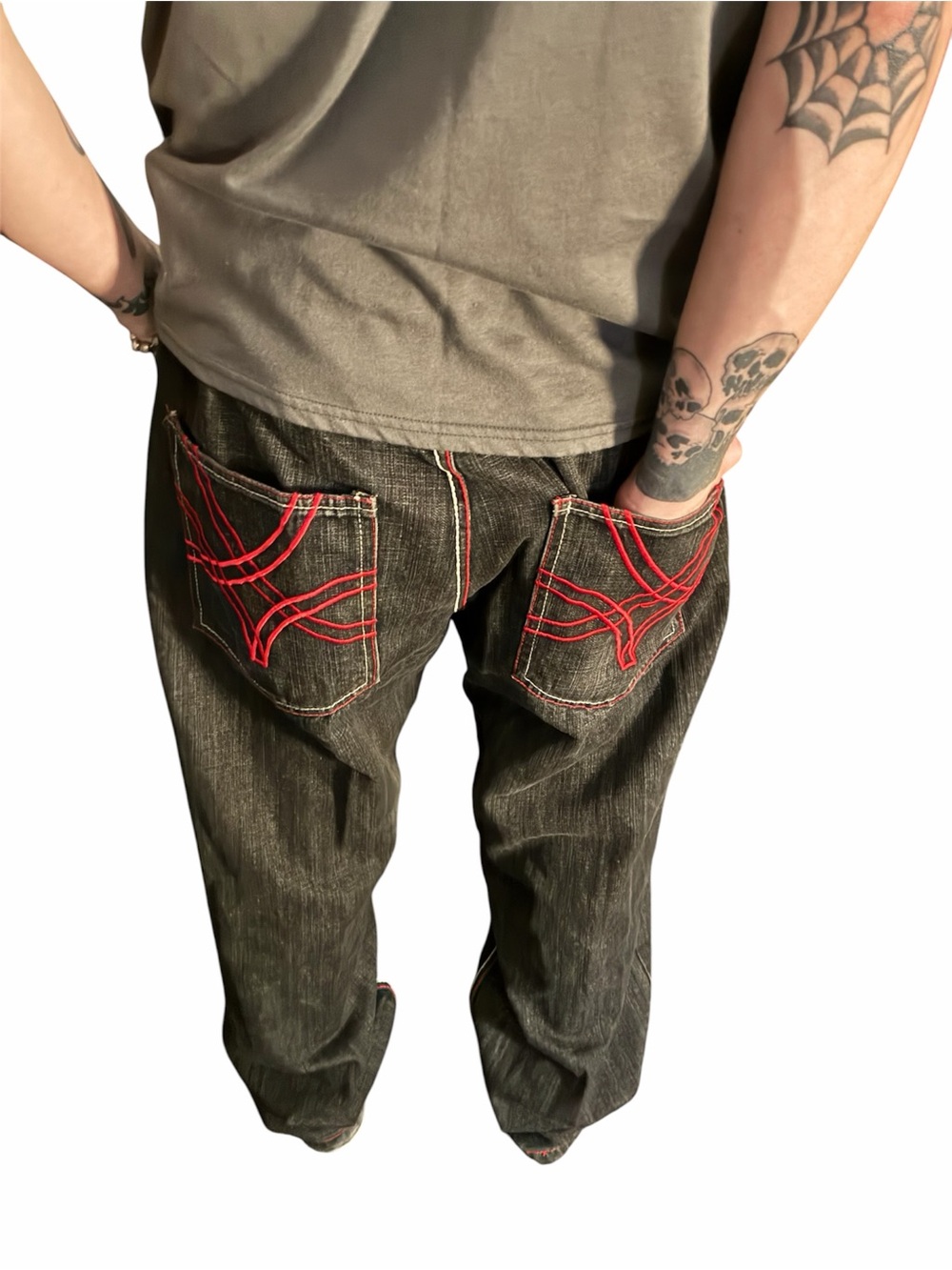 Relaxed Fit Men's Dark Gray Jeans with Red Pocket Stitching